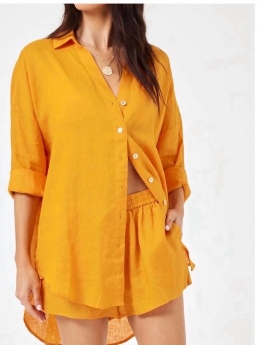 L’SPACE 100% Linen Rio Button Down Tunic Top in Orange